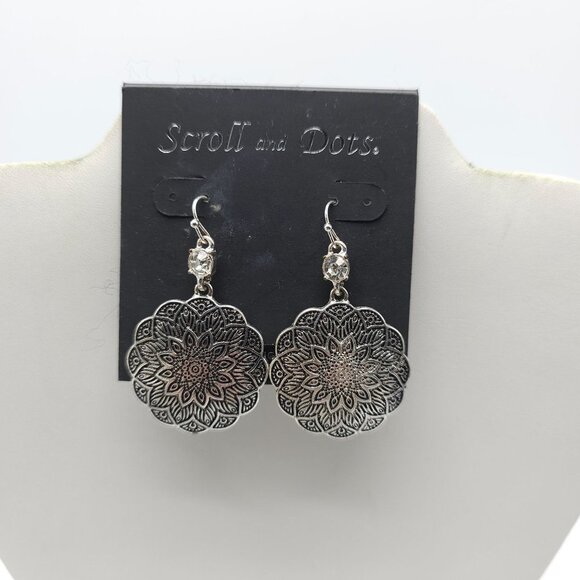 Scroll And Dots Silver Mandala Drop Earrings With Rhinestone Accents 2 Inches - Picture 1 of 5